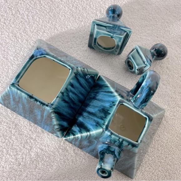 Handmade Blue Glaze Ceramic Pyramid Cream And Sugar Containers - Picture 10 of 11